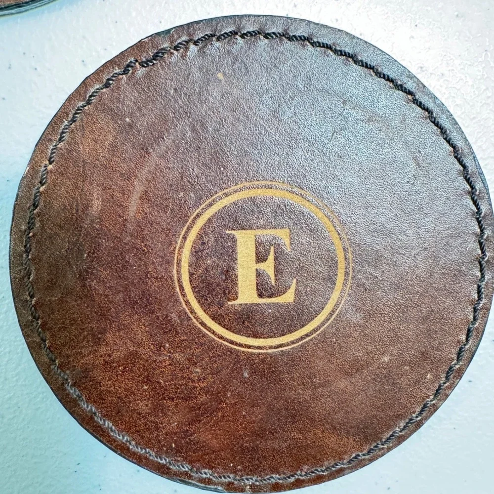Vintage Leather Monogram E 5*Coasters Set with Holder Barware Drinkware‎